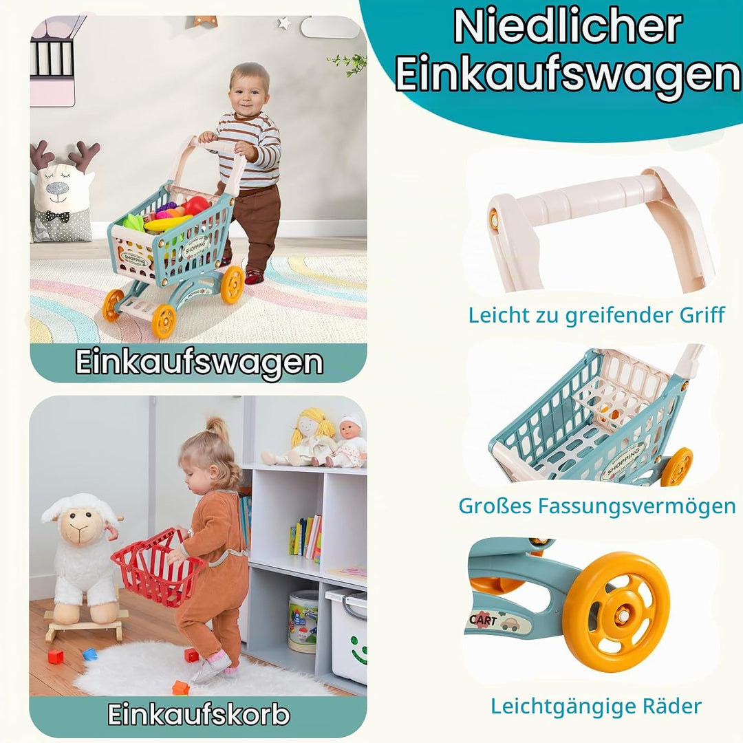 HOMASIS Supermarkt mit Einkaufswagen &amp; 29 Zubehör, Kaufladen mit Licht &amp; Sound, Kaufmannsladen mit K