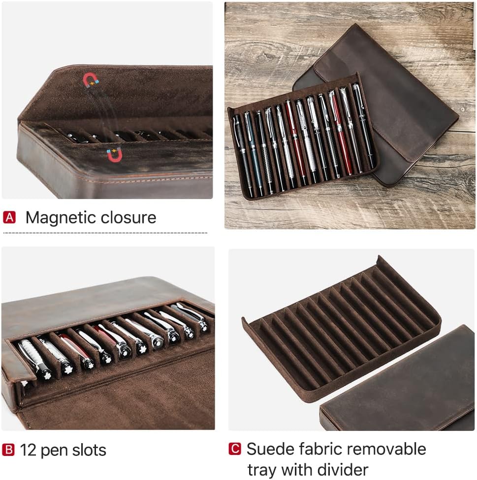 Hiram Leder-Füllfederhalter-Box für 12 Stifte, Tragbares Lederetui für Stifte mit Verstecktem Magnet