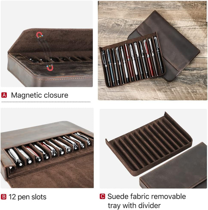 Hiram Leder-Füllfederhalter-Box für 12 Stifte, Tragbares Lederetui für Stifte mit Verstecktem Magnet