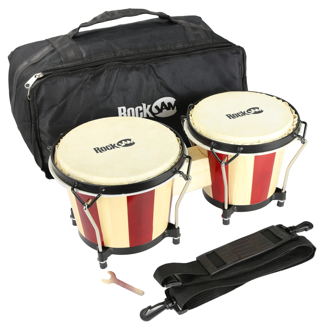 RockJam RJ-100301 7" and 8" Bongo Set with Padded Bag and Tuning Wrench Red and Natural Stripe Red S