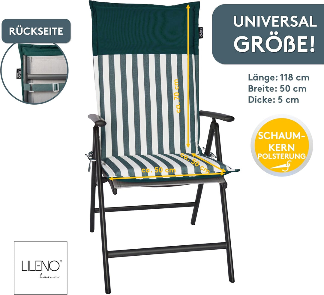 LILENO HOME Gartenstuhl Auflagen als [2er Set - Hochlehner] in Streifen Dunkelgrün - Uni Dunkelgrün