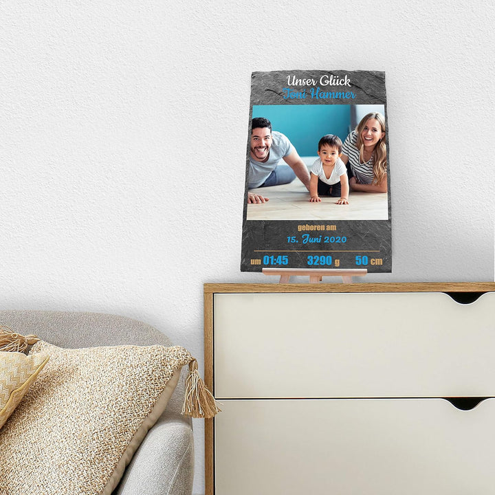 wandmotiv24 Schieferplatte mit eigenem Foto zur Geburt, 20 x 30 cm, inklusive Staffelei, Babyfoto, G