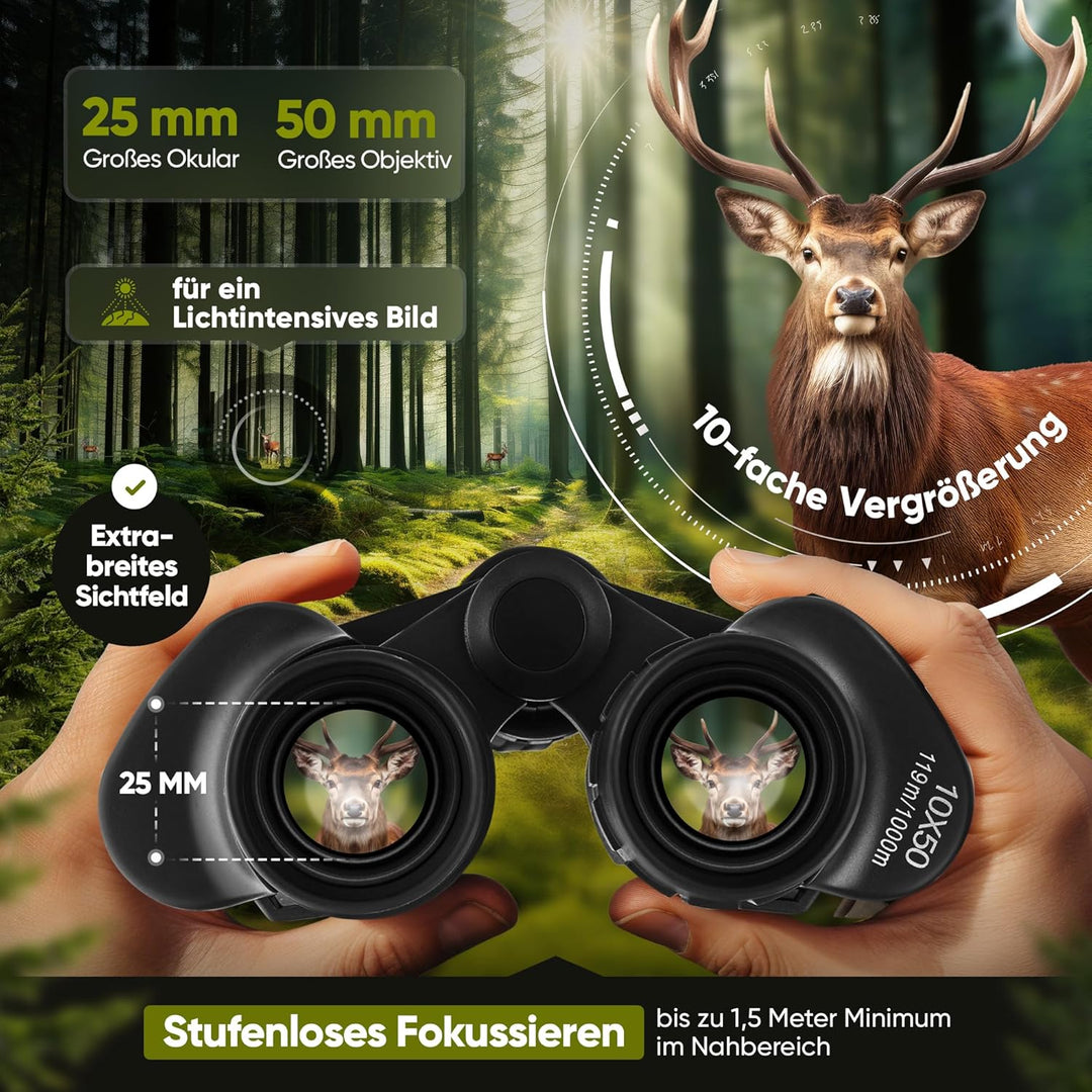 Fernglas Erwachsene 10x50 für Anfänger und Profis, HD mit 25mm Augenmuschel, BAK4+FMC,wasserdicht,le