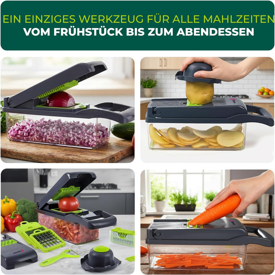 Elyrona - Multifunktion Gemüseschneider & Mandoline – Gemüsehobel mit Auffangbehälter, Würfelschneid