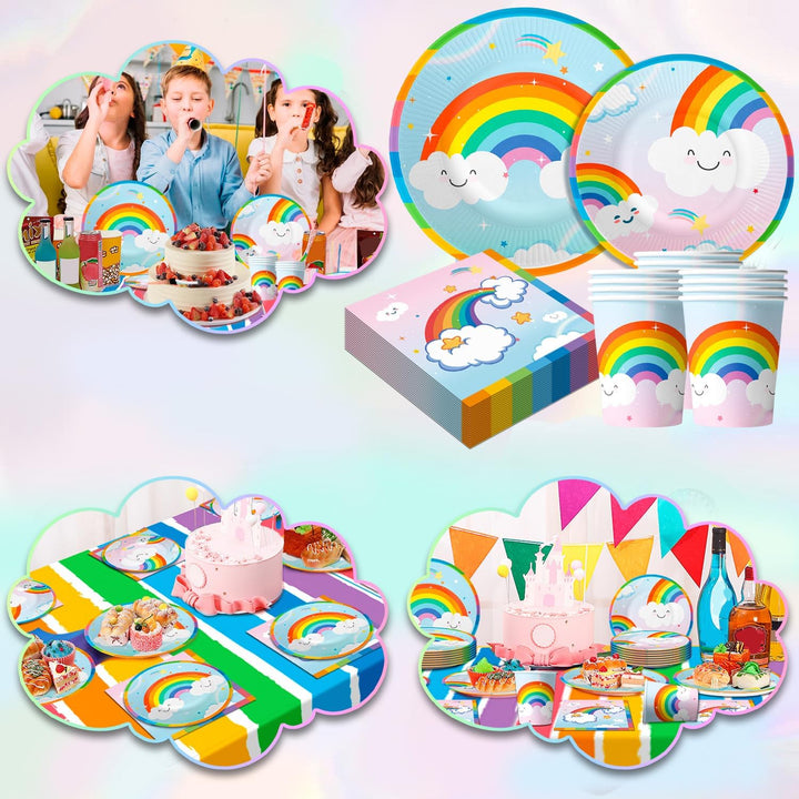 Rainbow Partygeschirr,141pcs Partygeschirr Regenbogen Set, Regenbogen Pappteller & Regenbogen Tischd