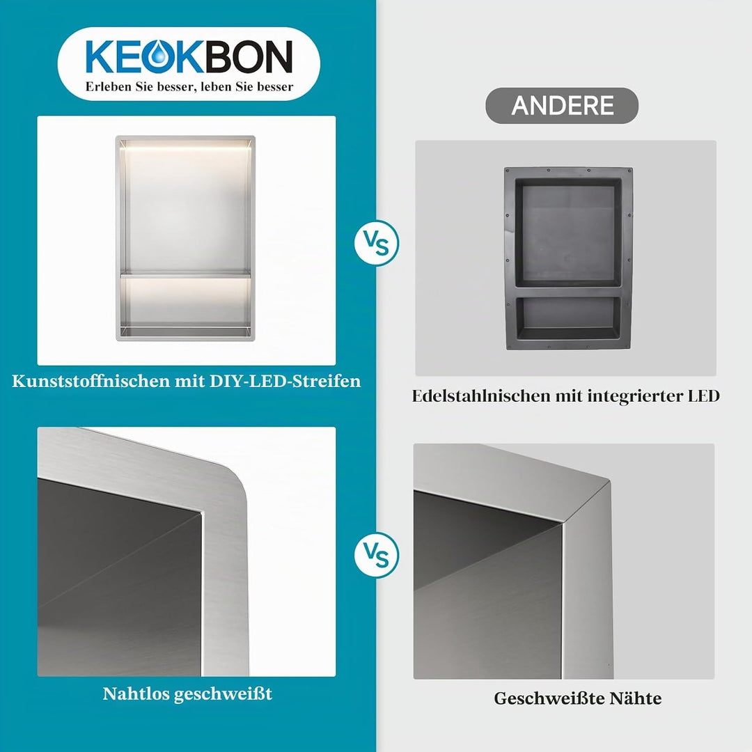 30 x 45 cm Duschnische mit LED-licht, 3000K warmes LED-Licht(Nicht dimmbar), Doppelnische Wandnische