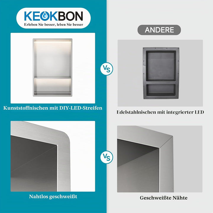 30 x 45 cm Duschnische mit LED-licht, 3000K warmes LED-Licht(Nicht dimmbar), Doppelnische Wandnische