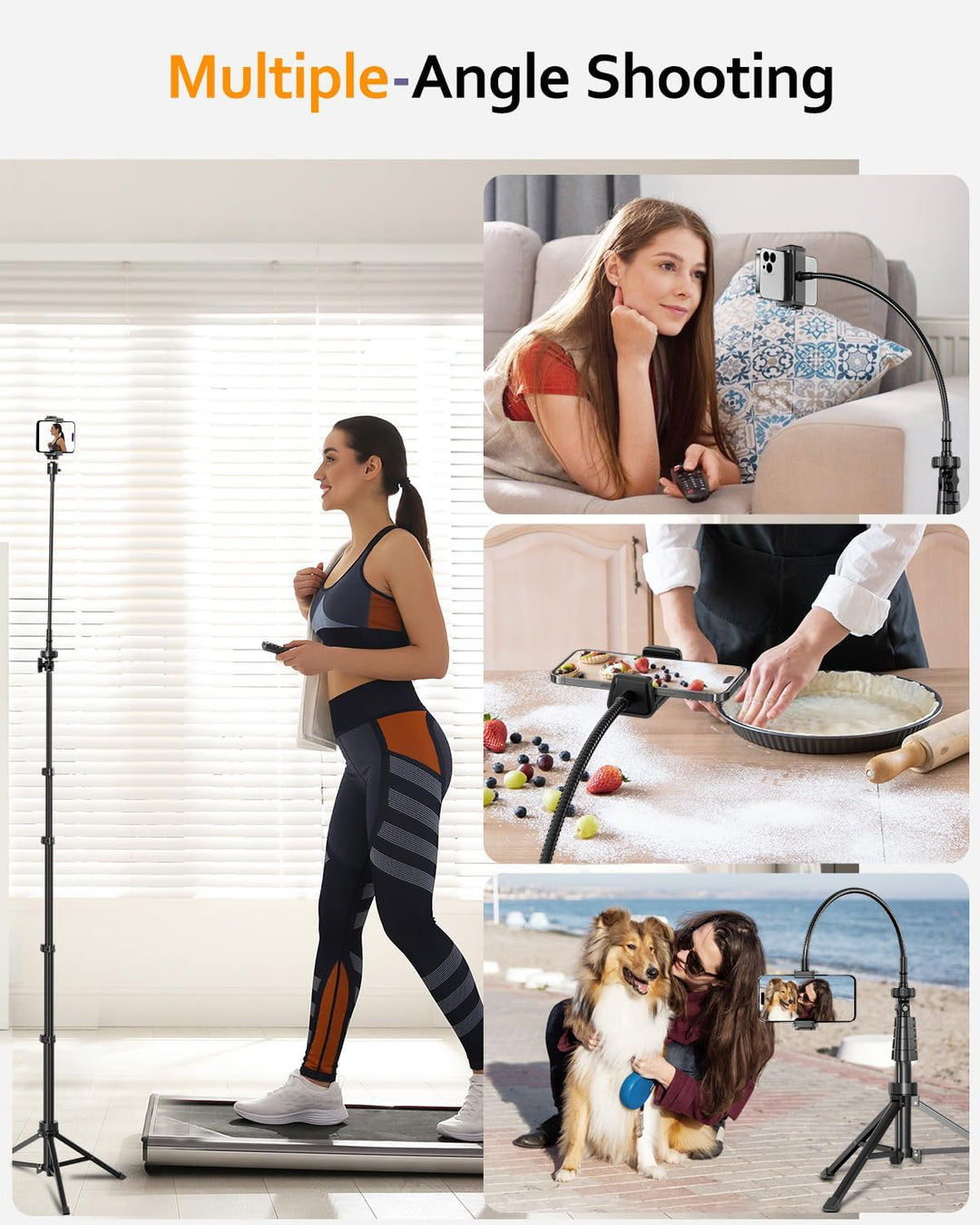 Aureday Handy Stativ Ständer 223cm Selfie Handy Stativ mit 38cm Flexibler Schlauch 360° Drehbarer, B