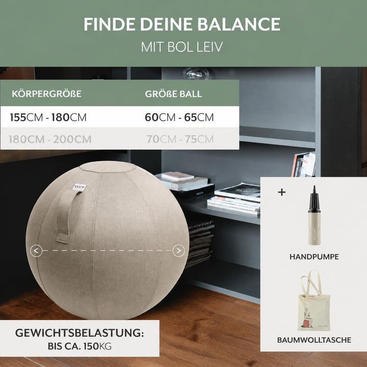 VLUV LEIV Stoff-Sitzball 60cm - 65cm Stone, 60cm - 65cm Stone