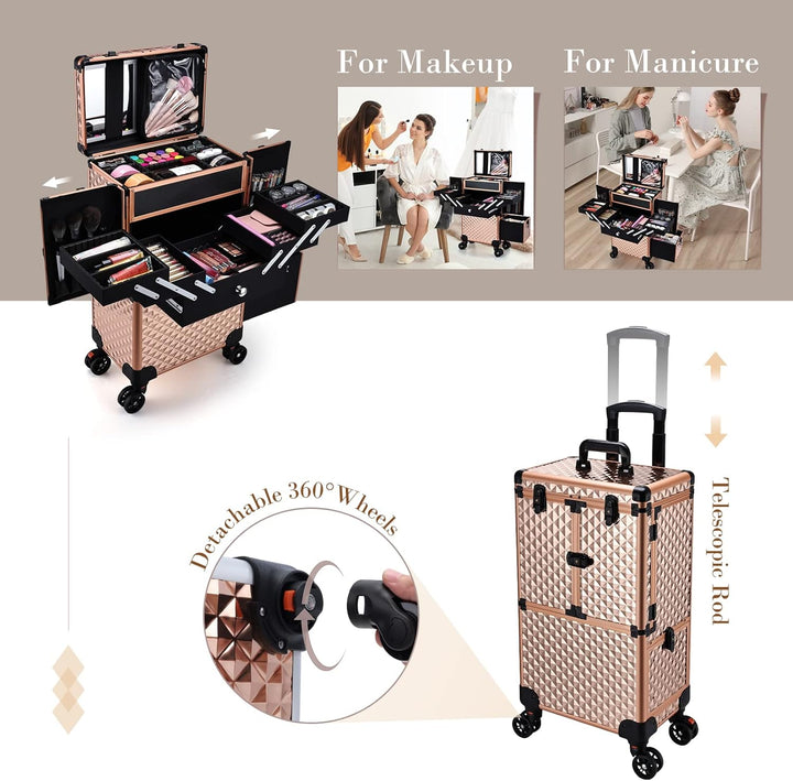 Kosmetik Trolley Friseurkoffer mit Schublade und Spiegel Kosmetikkoffer mit 4 Tabletts Make up Koffe