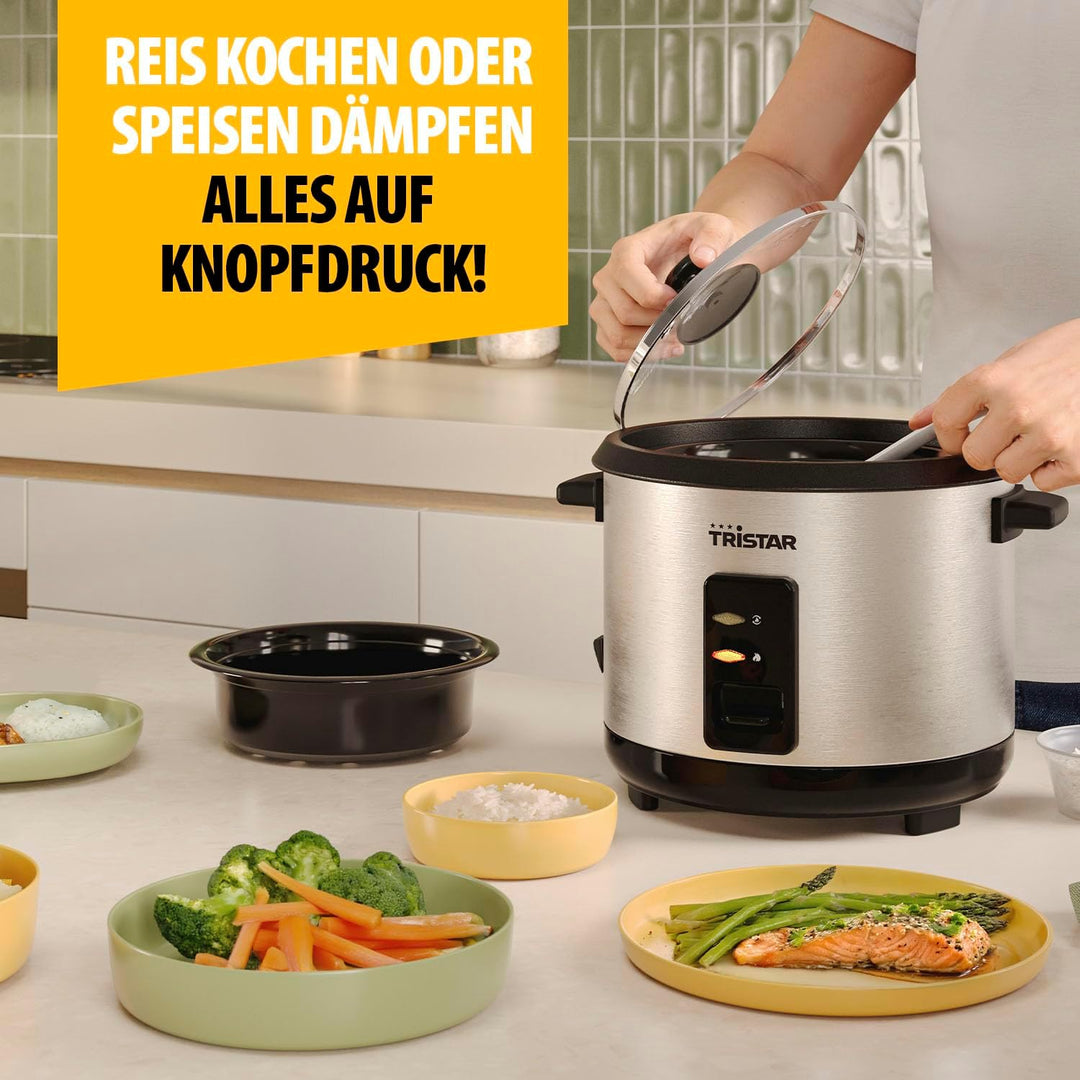 Tristar Reiskocher, 1,5 L Kapazität, Edelstahlgehäuse, Dampfgaraufsatz, Automatische Abschaltung, Wa