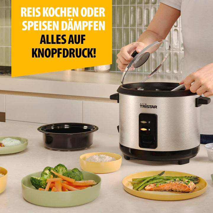Tristar Reiskocher, 1,5 L Kapazität, Edelstahlgehäuse, Dampfgaraufsatz, Automatische Abschaltung, Wa