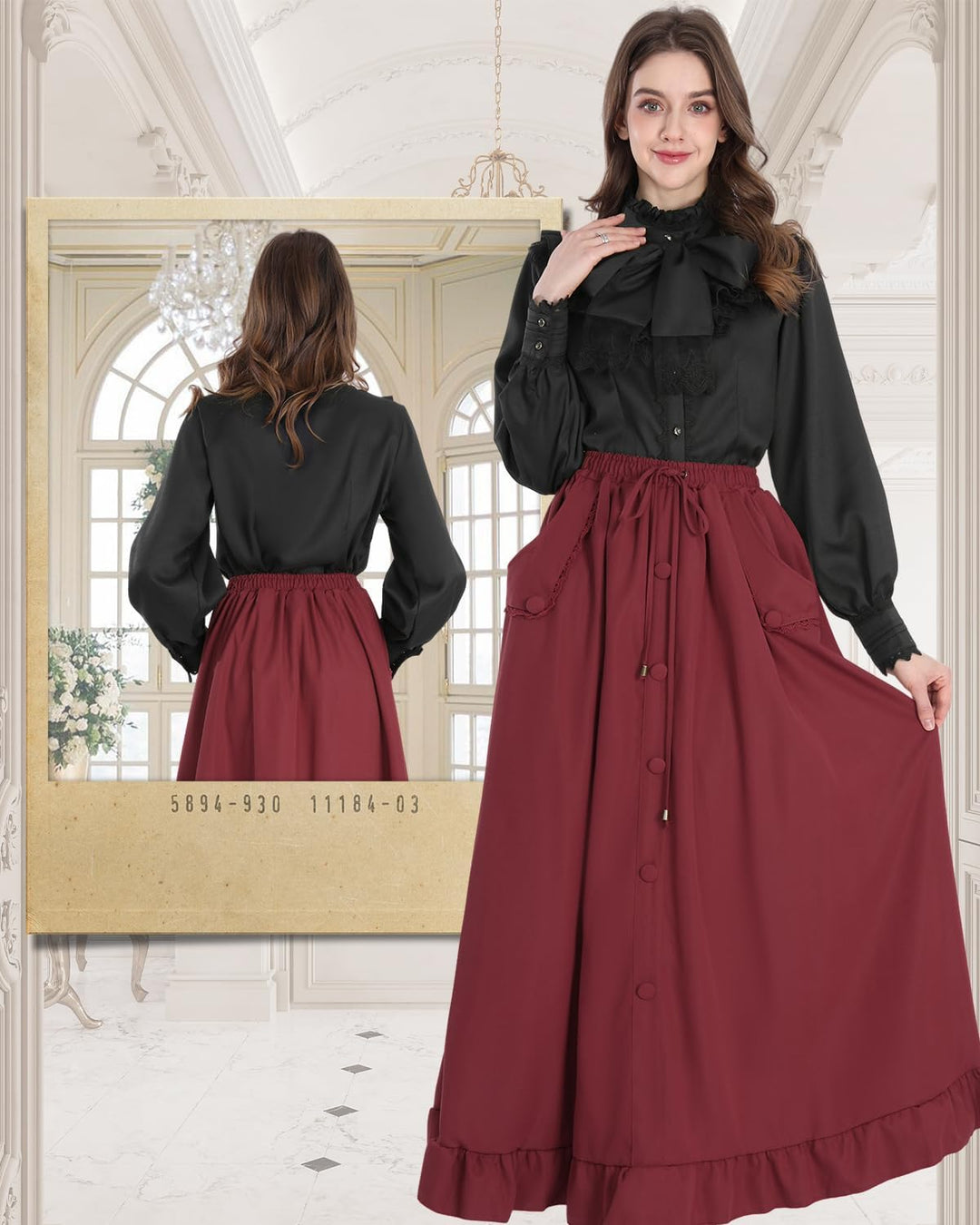 CR ROLECOS Schleifenhemd Stehkragen mit Ruff Langarmshirt Mittelalter Bluse rüschen Button Down Top