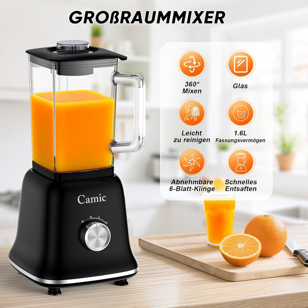 Camic Standmixer 1200W Hochleistungsmixer 3-in-1 mit 1,6L Glasbehälter Mixer & 400ml Reisebecher & 2