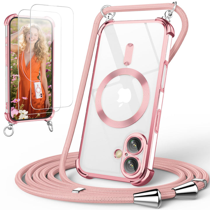 GOODVISH Handykette für iPhone 16 Hülle mit Band Magnetisch, Rosé | mit 2 Stück Schutzfolie, mit Kam