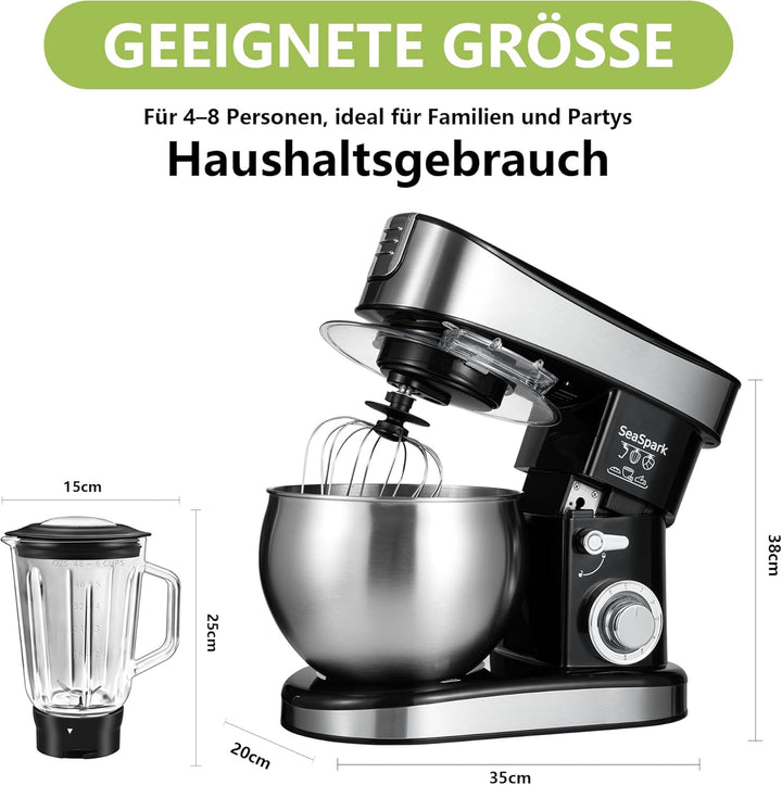 Küchenmaschine, 6 L Knetmaschine 1200W, 6 Geschwindigkeits Küchenmaschine, Teigmaschine mit Rührhake