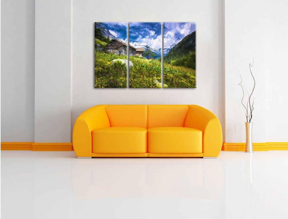 Pixxprint Berghütte Pinsel Effekt 3-Teiler Leinwandbild 120x80 Bild auf Leinwand