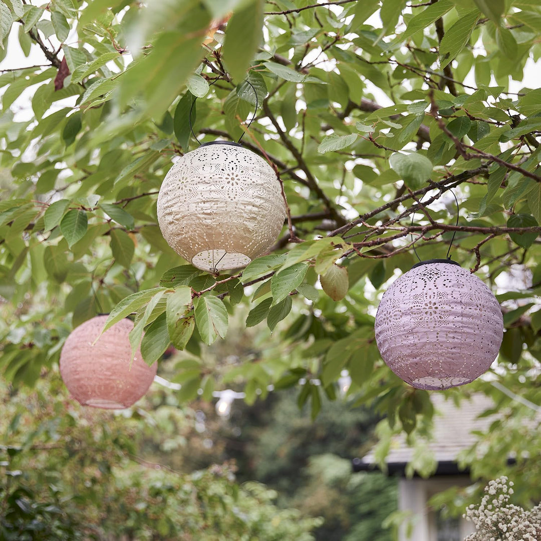 Lights4fun 3er Set Tyvek LED Pastellfarbene Solar Lampions Altrosa Violett Weiss Marokkanische Later