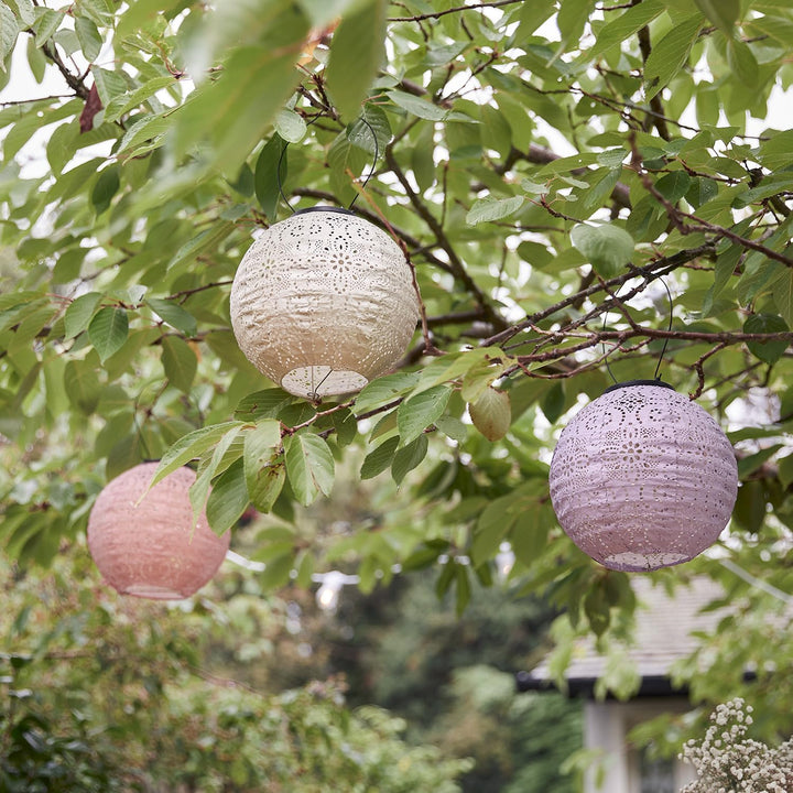 Lights4fun 3er Set Tyvek LED Pastellfarbene Solar Lampions Altrosa Violett Weiss Marokkanische Later