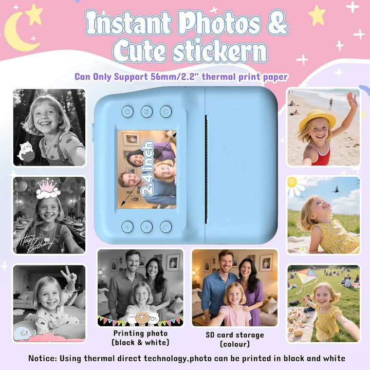 Kinderkamera Sofortbildkamera, 48MP Sofortbildkamera Kinder mit 32GB Karte & Druckpapier, 1080P Digi