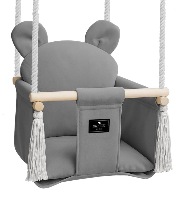 NATILU® Babyschaukel Set mit Sicherheitsgurt Haken Ringe Bär Grey Velvet | Schaukel Baby Indoor Outd