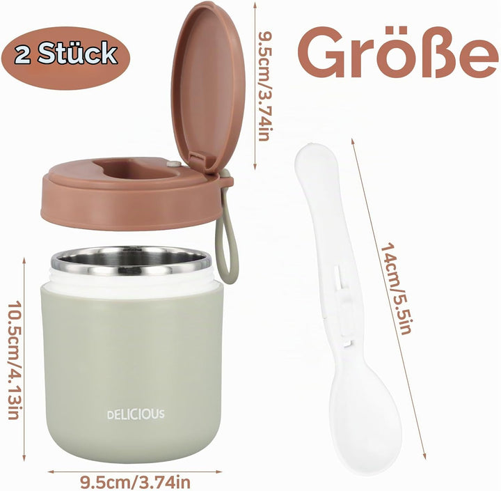 Nivofu 2 Stück Thermobehälter für Essen 430ml, Edelstahl Warmhaltebebehälter mit Faltbaren Löffel, T