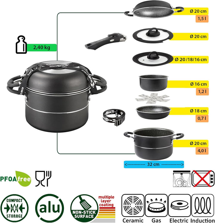 BRUNNER Camping Kochgeschirr-Set Alu (Töpfe und Pfannen) - ø 20, 22 oder 24-cm Pirate Vakublock - 4
