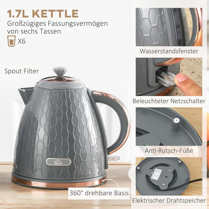 HOMCOM Wasserkocher Toaster Set 1,7L Wasserkocher 4 Toastscheiben Frühstücksset mit 7 Bräunungsstufe