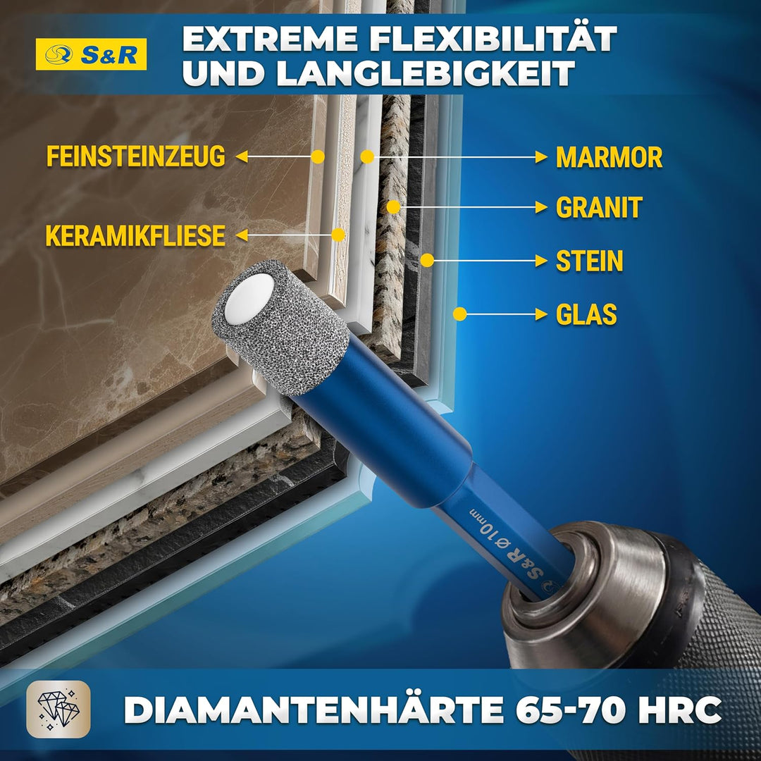 S&amp;R Diamantbohrer, Fliesenbohrer, Glasbohrer Set 4-tlg. 5, 6, 8, 10 mm, Sechskant-Schaft, für Kerami
