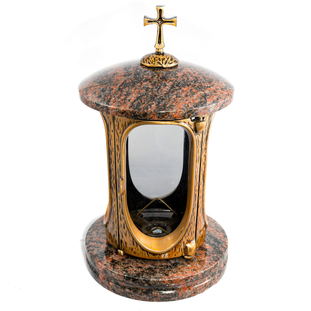 Stilvolle Grablaterne Elégant mit Kreuz Granit Aurora India Höhe 27 cm/Ø 15 cm Grableuchte Grablicht