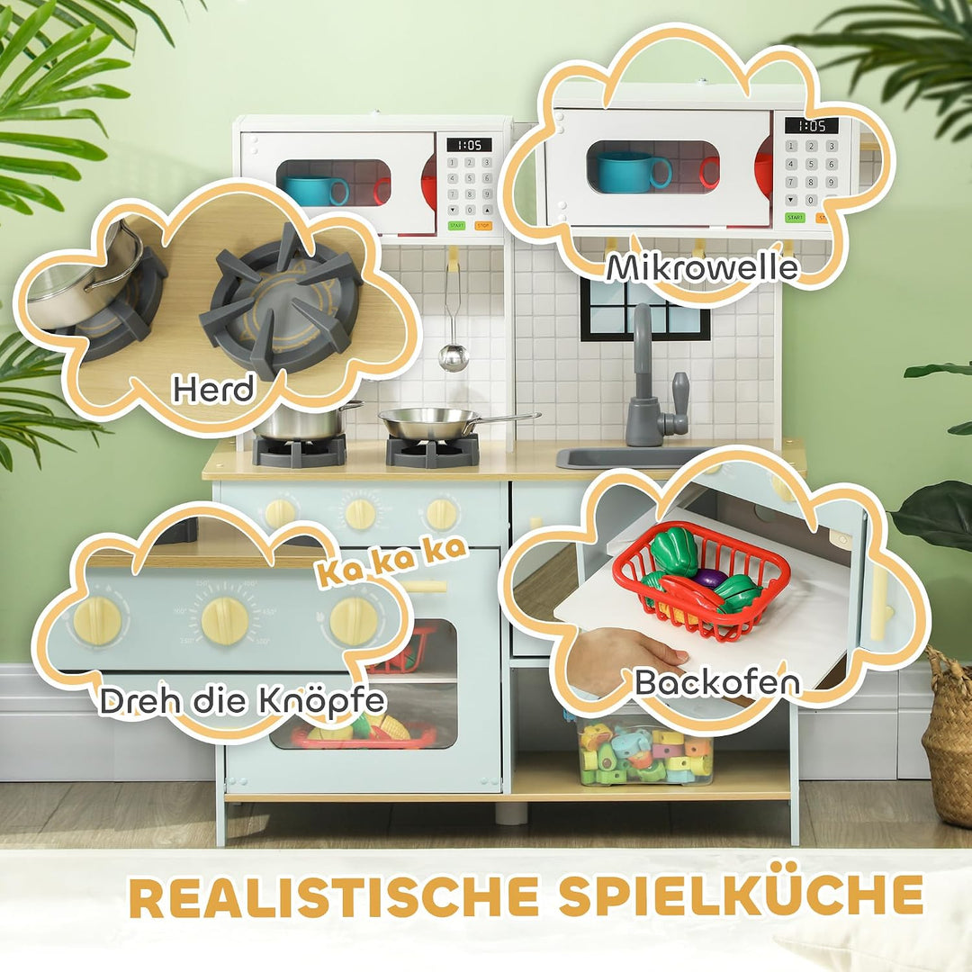 AIYAPLAY Kinderküche Spielküche mit Mikrowelle Herd Backofen ab 3+ Blau