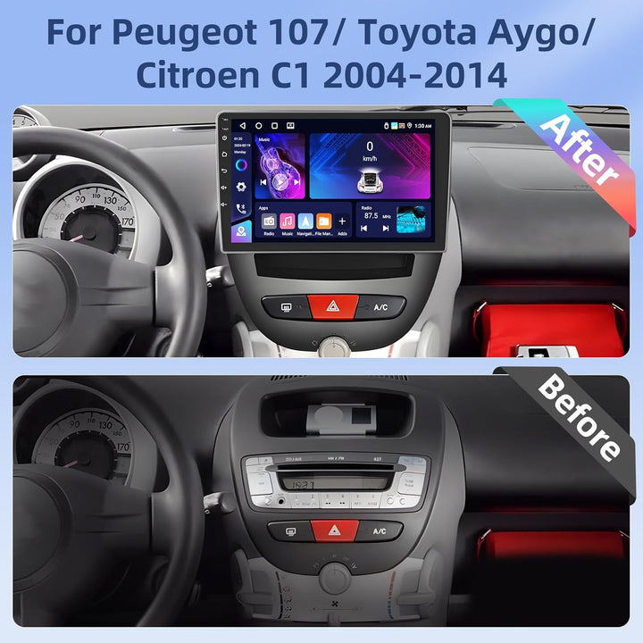 Hikity [4+64GB] Android 15 Autoradio CarPlay Android Auto Wireless für Peugeot 107/ Toyota Aygo/Citr