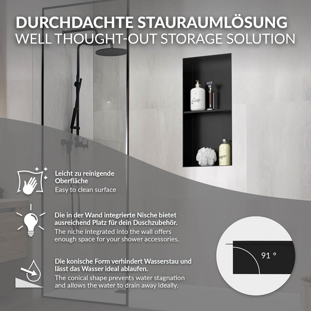 LuxeBath Wandnische Doppel aus Edelstahl, 30x60x10 cm, Schwarz, Duschnische, Randlos, Einbauregal, F