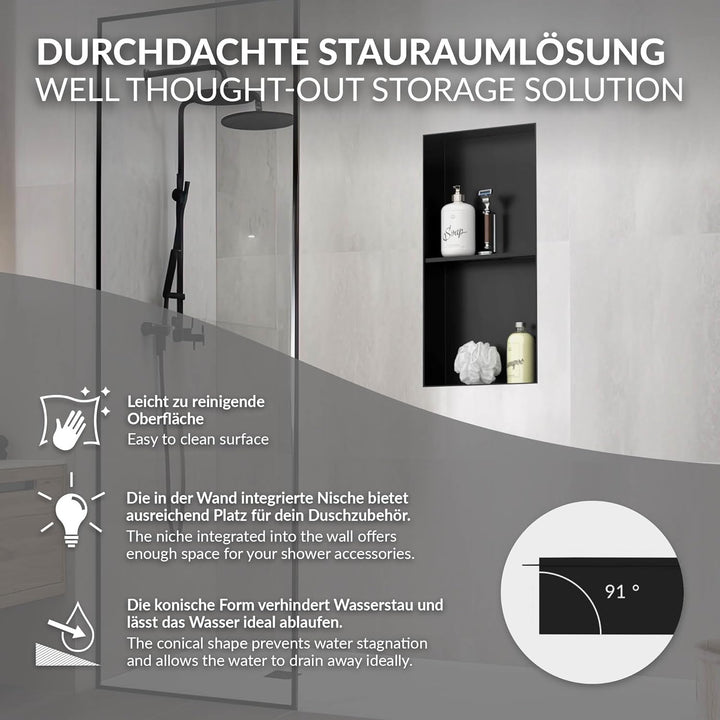 LuxeBath Wandnische Doppel aus Edelstahl, 30x60x10 cm, Schwarz, Duschnische, Randlos, Einbauregal, F