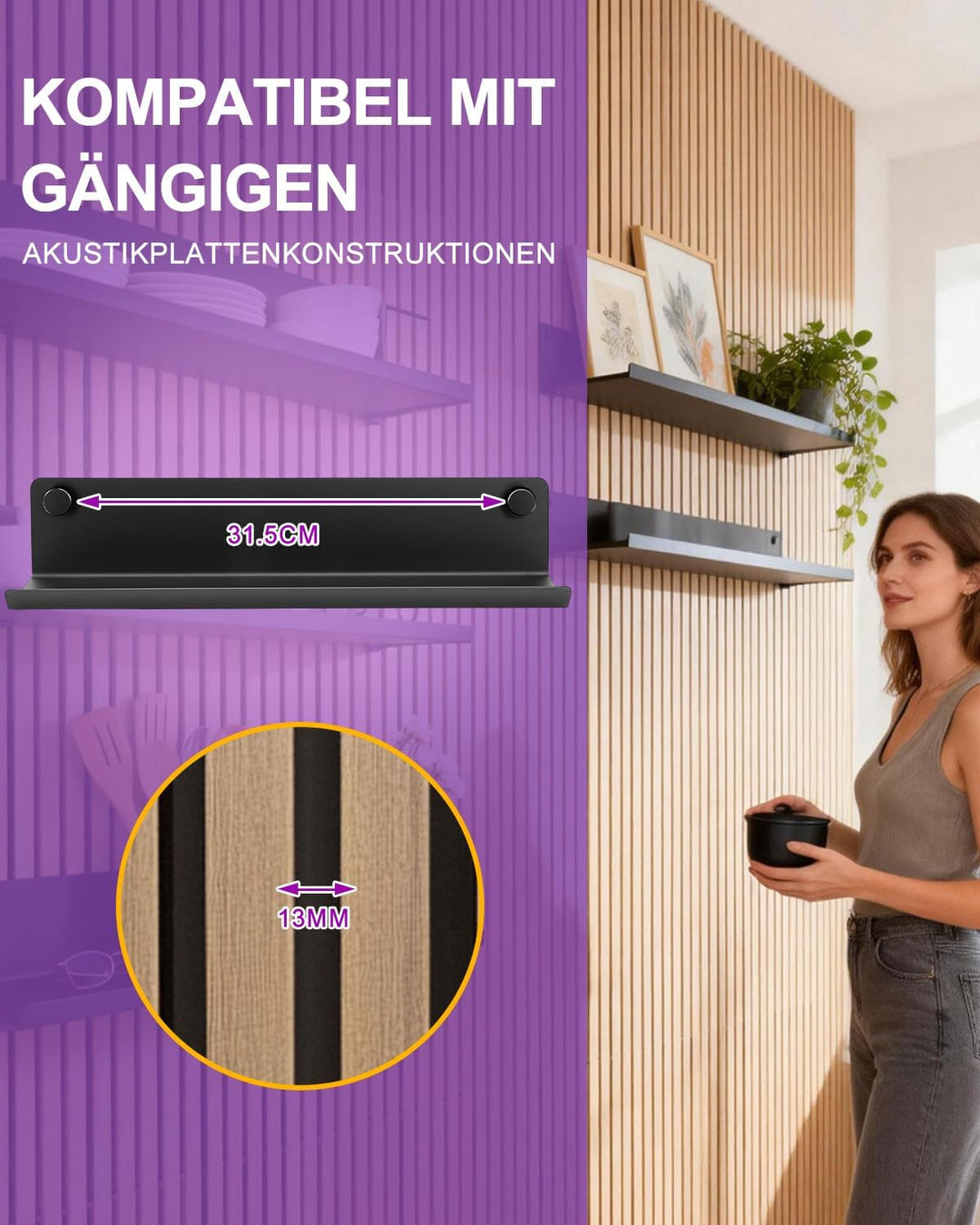 Haliya Regal für Akustikpaneele ohne Bohren – 7,5x36 cm Wandregal Metall Schwarz, Akustikpaneele Reg