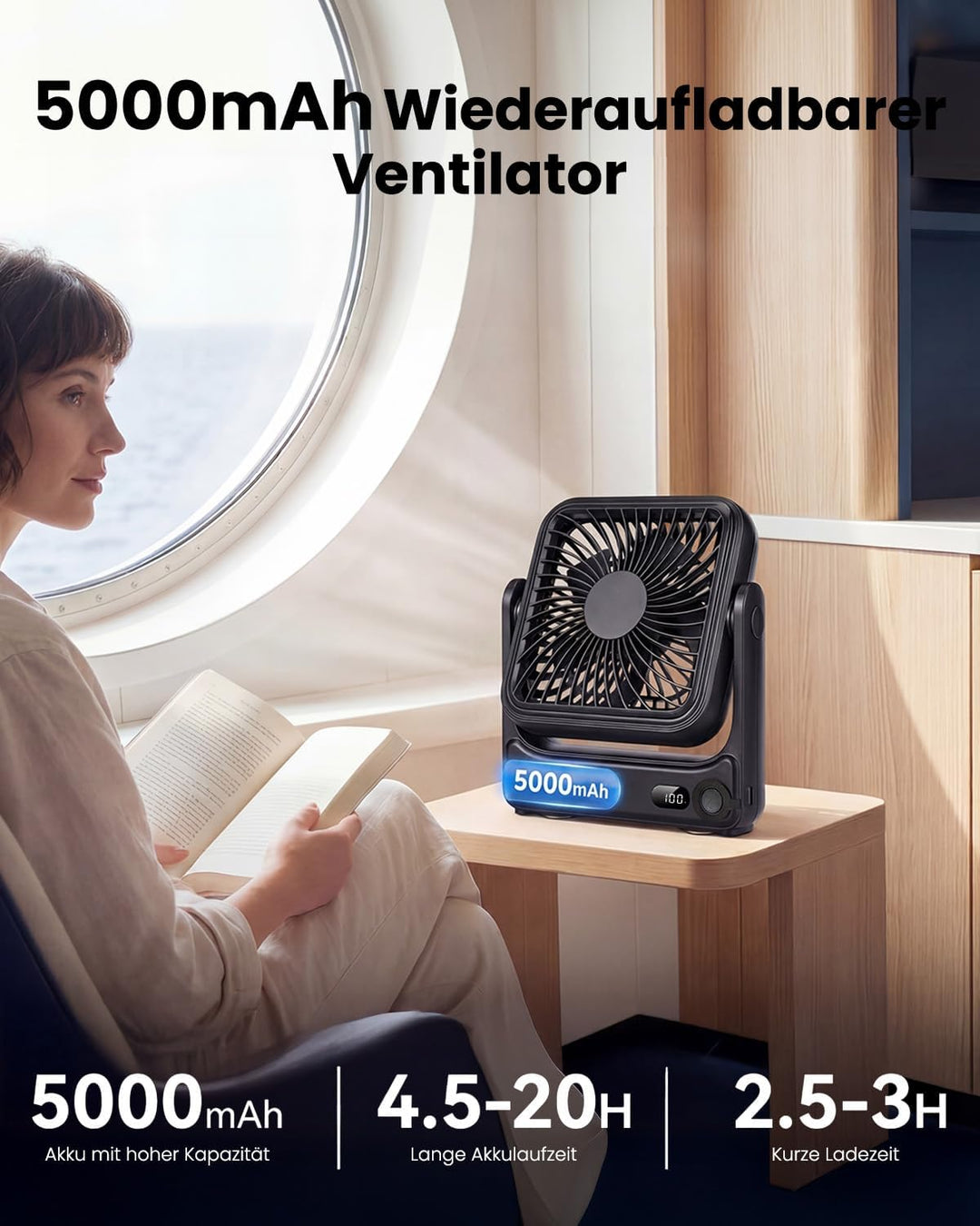 WOWDSGN Tischventilator USB 𝐦𝐢𝐭 𝐒𝐭𝐚𝐫𝐤𝐞𝐦 𝐌𝐚𝐠𝐧𝐞𝐭𝐟𝐮ss &amp; LED-Display, 𝟓𝟎𝟎𝟎𝐦𝐀𝐡 𝐀𝐤𝐤𝐮 Ventilator tragbar, 𝟒