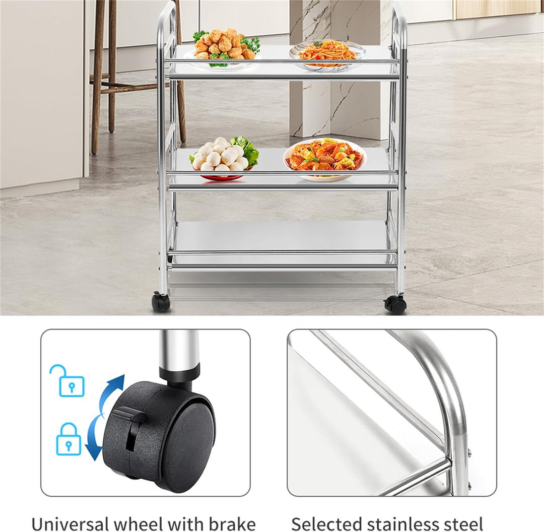 Flyelf 3-stöckiger Küchenwagen, Küchenwagen mit Rädern, Pflanzenständer, Edelstahl, 60 x 36 x 74 cm