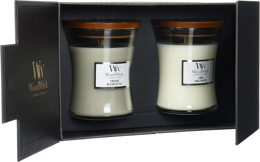 WoodWick Duftkerzen-Geschenkset | Fireside & Linen, Duftkerze im Sanduhrglas mit knisternden Dochten