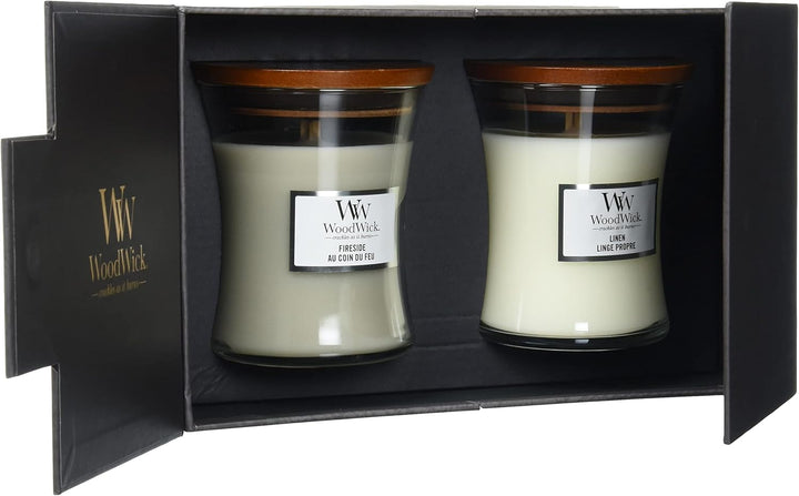 WoodWick Duftkerzen-Geschenkset | Fireside & Linen, Duftkerze im Sanduhrglas mit knisternden Dochten