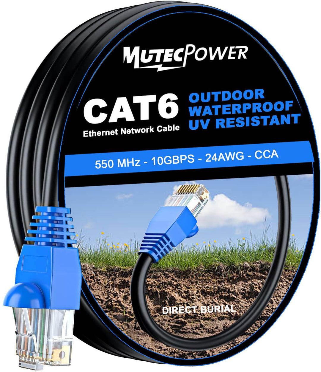 MutecPower CAT6 10m Aussen Verwendung wasserdicht - CCA - Direct Burial Ethernet Netzwerkkabel - 250