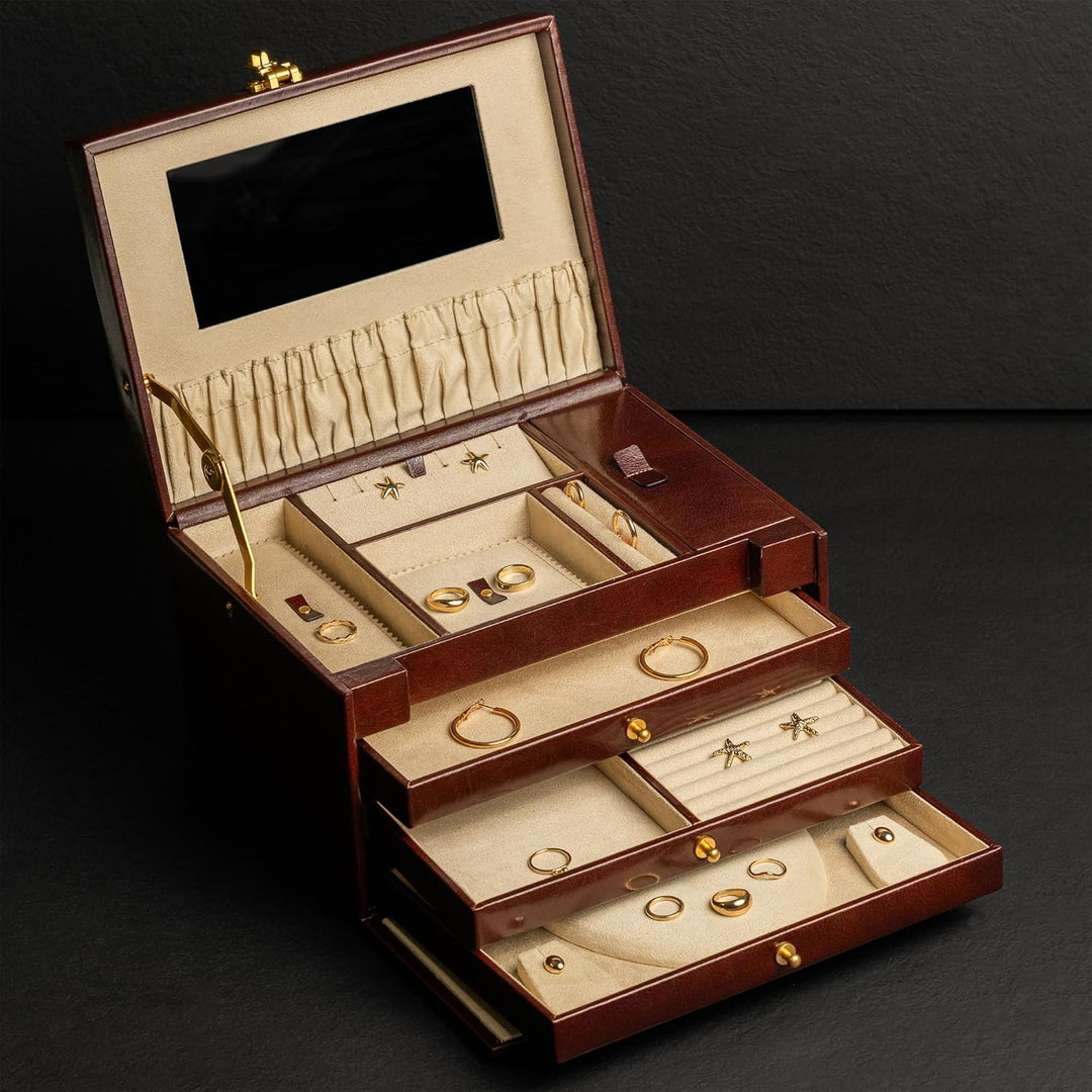 Time Resistance Braun Leder-Schmuckkästchen Vollnarbenleder Schmuck Organizer Aufbewahrung von Acces