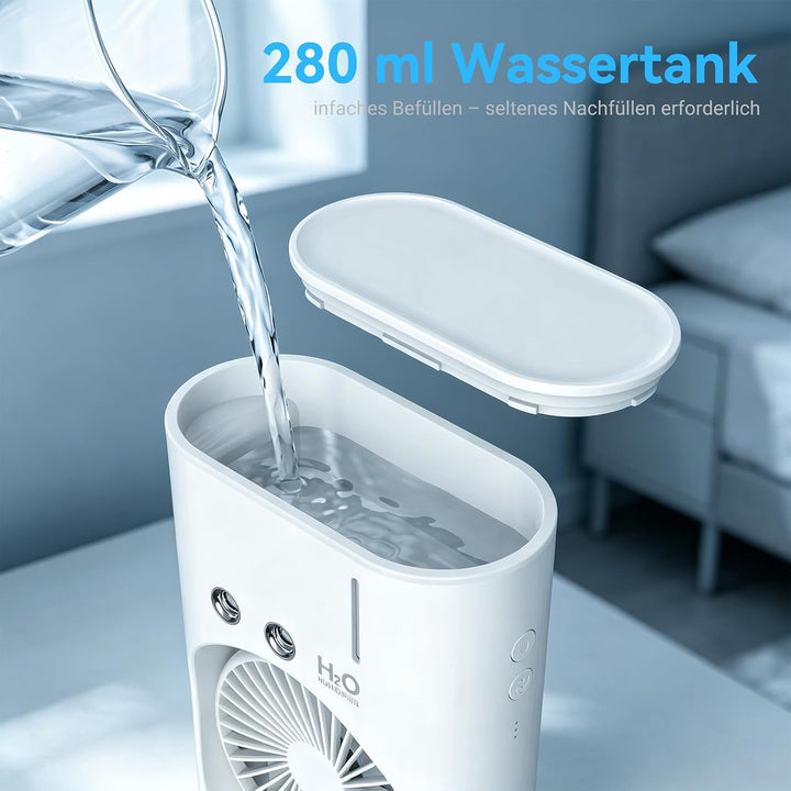Tischventilator mit Sprühnebel, USB Aufladbarer Mini Ventilator mit 280ml Wassertank, 3 Windstufen,