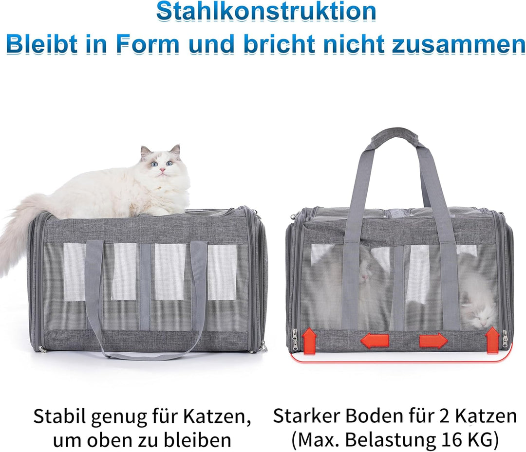 Grosser Katzentransportbox für 2 Katzen und Kleine Hunde bis 15KG mit Abnehmbarem Weichem Kissen（53