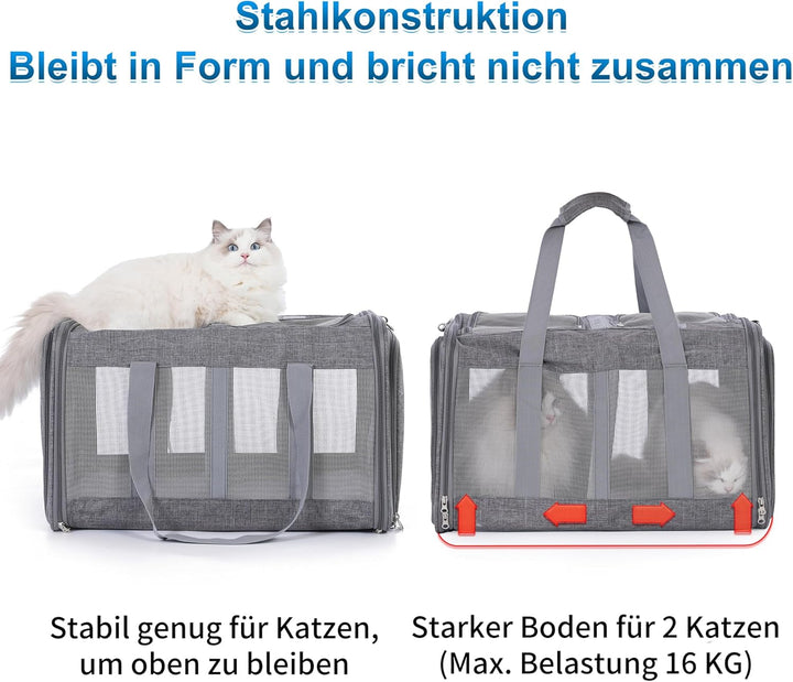 Grosser Katzentransportbox für 2 Katzen und Kleine Hunde bis 15KG mit Abnehmbarem Weichem Kissen（53