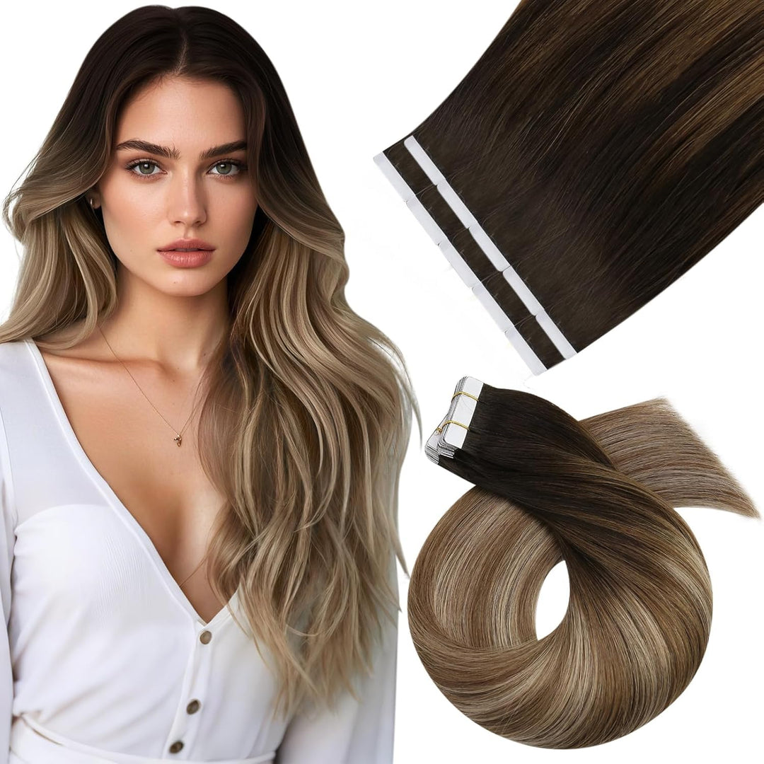 Moresoo Nahtlose Tape in Extensions Echthaar Braun Haarverlängerung Echthaar Tapes Dunkelbraun bis G