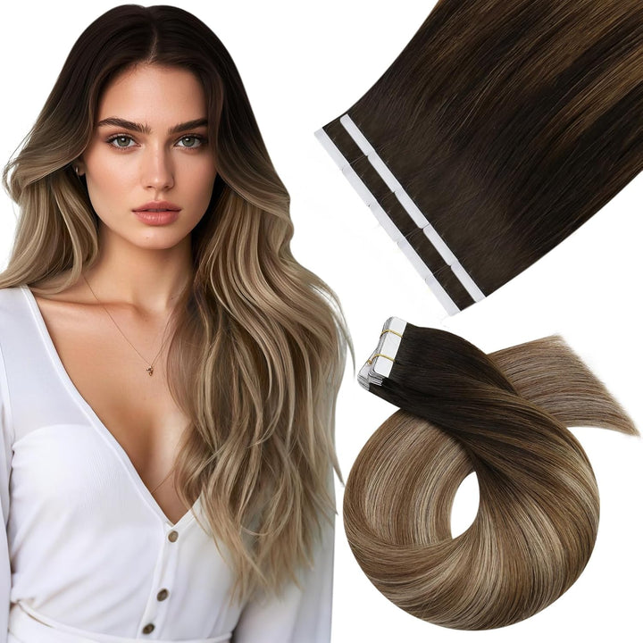 Moresoo Nahtlose Tape in Extensions Echthaar Braun Haarverlängerung Echthaar Tapes Dunkelbraun bis G