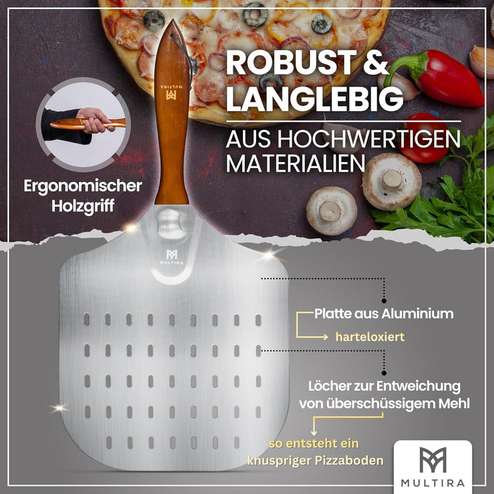 Pizzaschieber Aluminium drehbar | Ergonomischer Holzgriff, perforierte Schaufel, abnehmbar & hitzebe