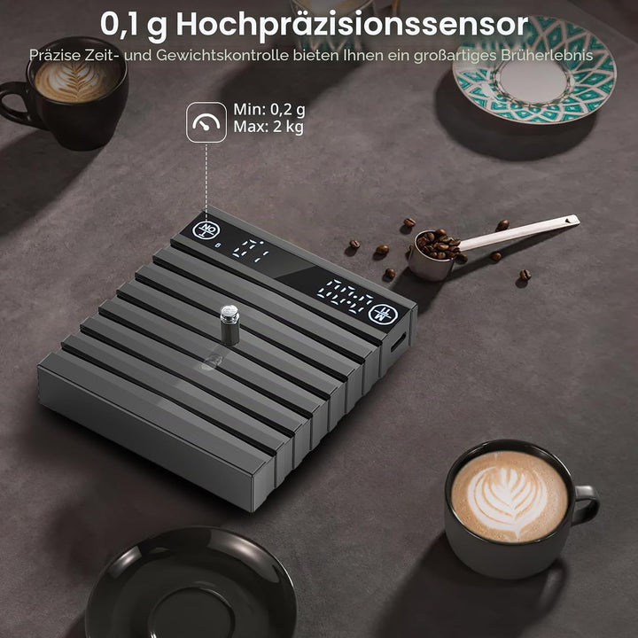 Mini Kaffeewaage mit Timer, Hochpräzise 2kg/0.1g Digitale Küchenwaage für Espresso &amp; Kaffeezubereitu