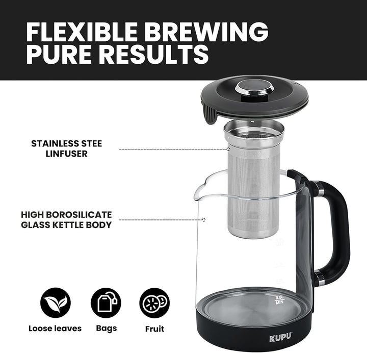 KUPU Glas Wasserkocher mit Temperatureinstellung, 1,6L Wasserkocher, 2200 Watt schnelles Aufheizen,