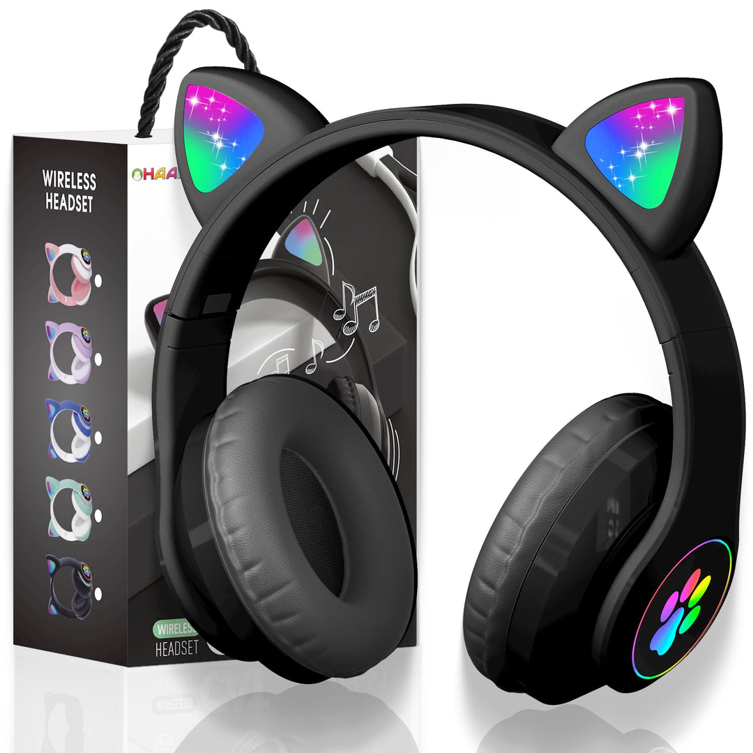 OHAANYY Katzenohr Kopfhörer Kindergeburtstag Geschenke Kind LED Katzenohren Einhorn Bluetooth Kabell